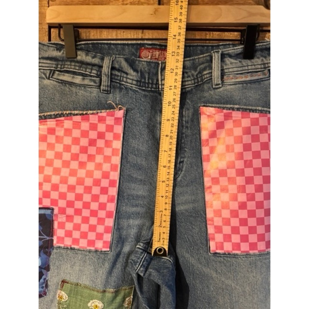 Unique upcycled Bird Patchwork Straight Leg Jeans Eclectic Boho Denim 14/32 - Picture 6 of 14